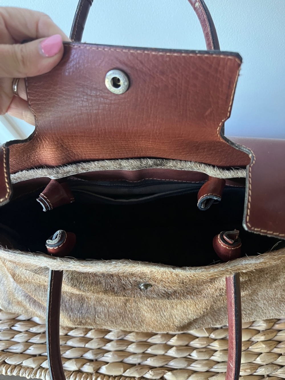 Large Foldover Leather & Haircalf Tote Bag - Picture 5 of 6